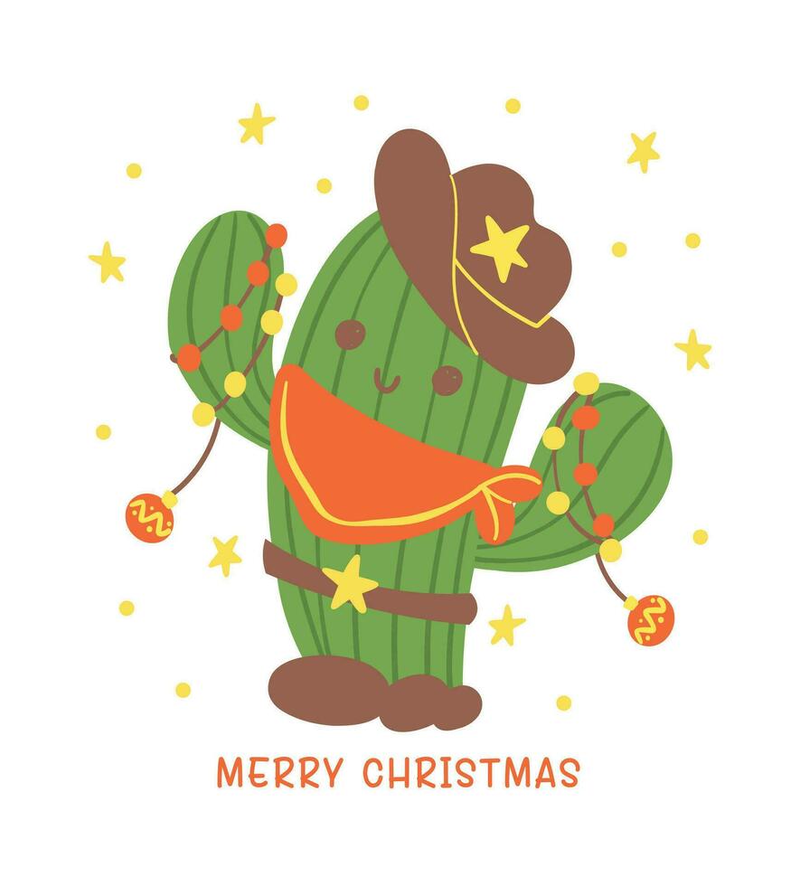 carino Natale cactus cartone animato, kawaii retrò occidentale cowboy pianta mano disegno e festivo piatto design vettore
