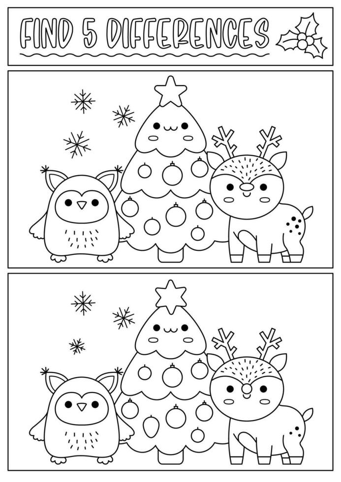 Natale nero e bianca trova differenze gioco per bambini. Attenzione abilità attività con carino gufo, decorato albero, cervo. nuovo anno linea puzzle o colorazione pagina per bambini. che cosa è diverso foglio di lavoro vettore