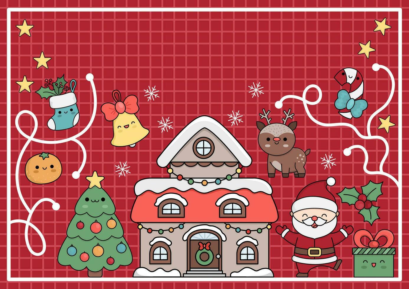 vettore kawaii Natale sfondo con carino Casa, Santa claus, fiocchi di neve. divertente inverno vacanza carta o attività libro copertina con cervo, albero, calza. cartone animato nuovo anno orizzontale illustrazione