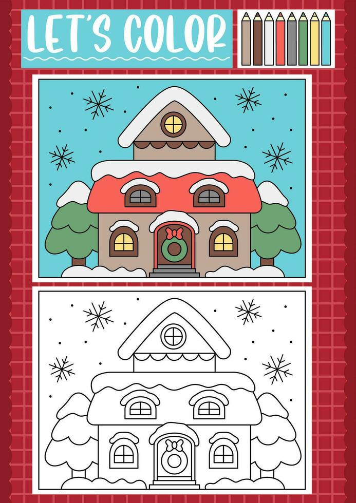 Natale colorazione pagina per bambini con carino kawaii decorato Casa. vettore inverno vacanza schema illustrazione. colore libro per bambini con colorato esempio. disegno abilità stampabile foglio di lavoro