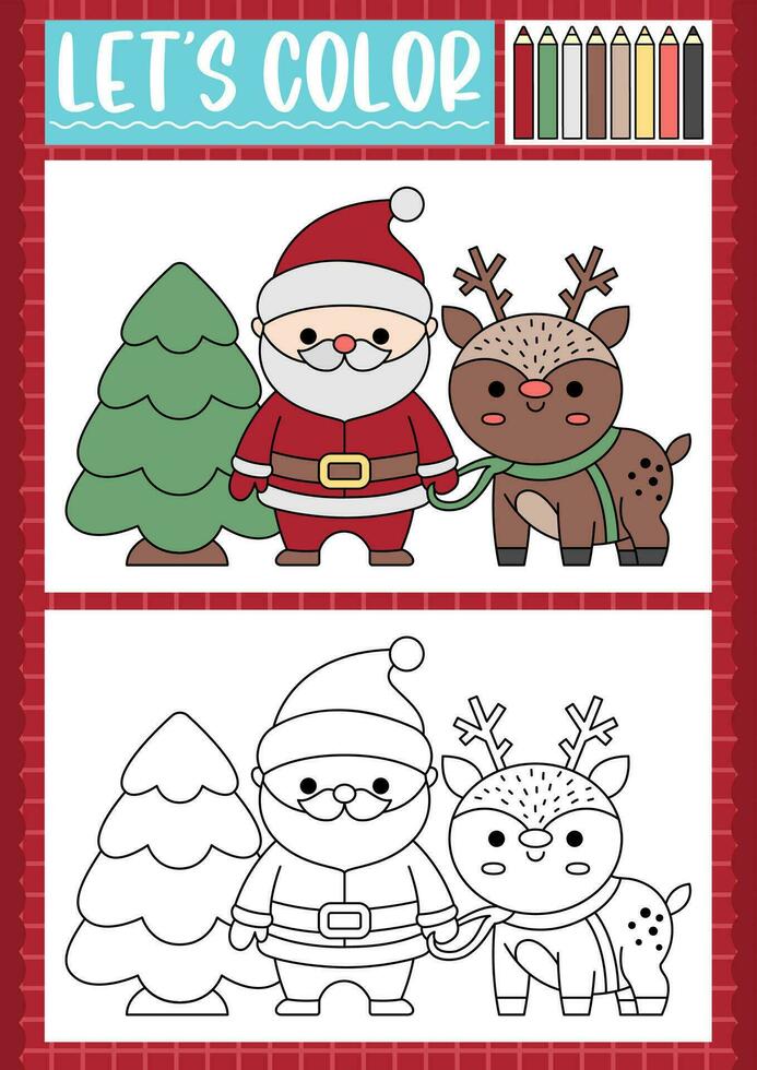 Natale colorazione pagina per bambini con carino kawaii albero, Santa claus, cervo. vettore inverno vacanza schema illustrazione. colore libro per bambini con esempio. disegno abilità stampabile foglio di lavoro