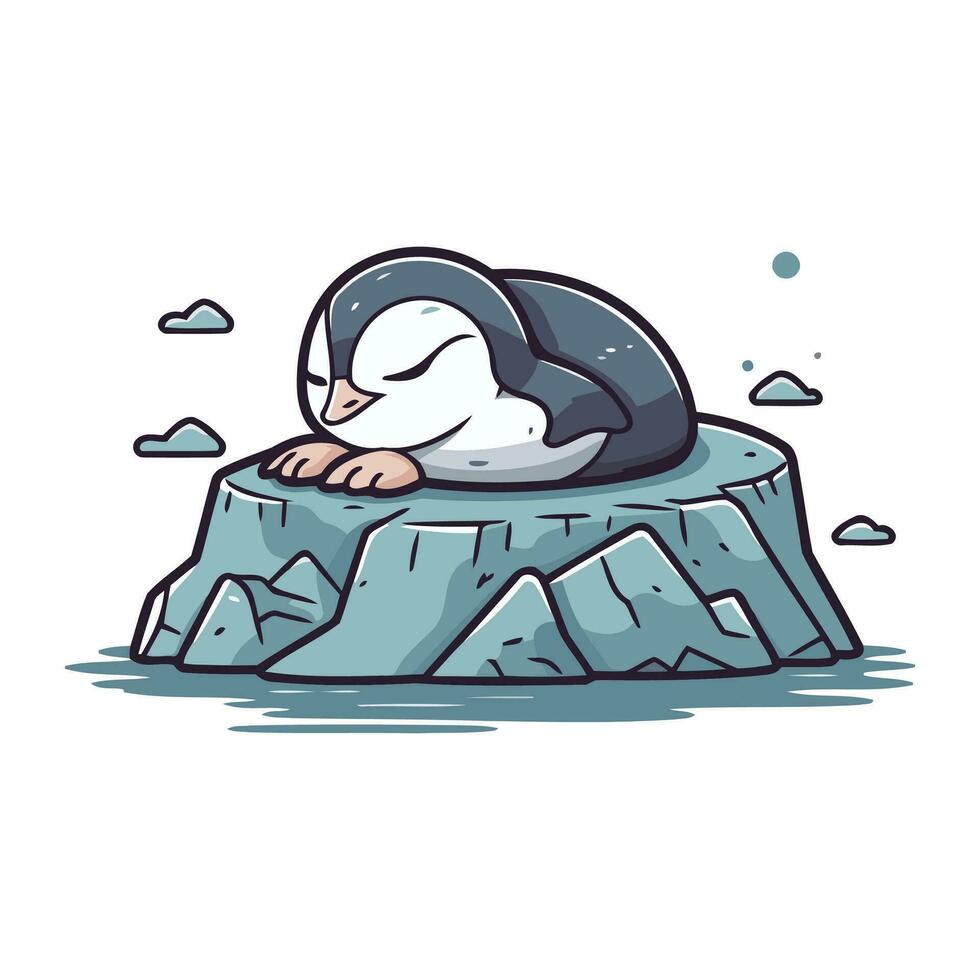 pinguino addormentato su un' roccia. carino cartone animato vettore illustrazione.