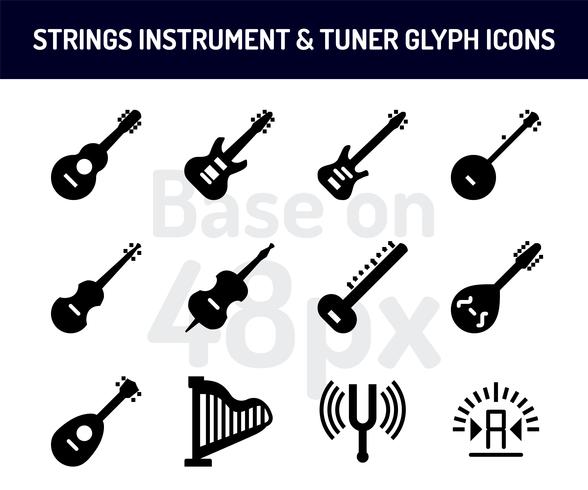 Set di icone strumento a corda. Icone solide basate su 48 pixel con pixel perfetti vettore