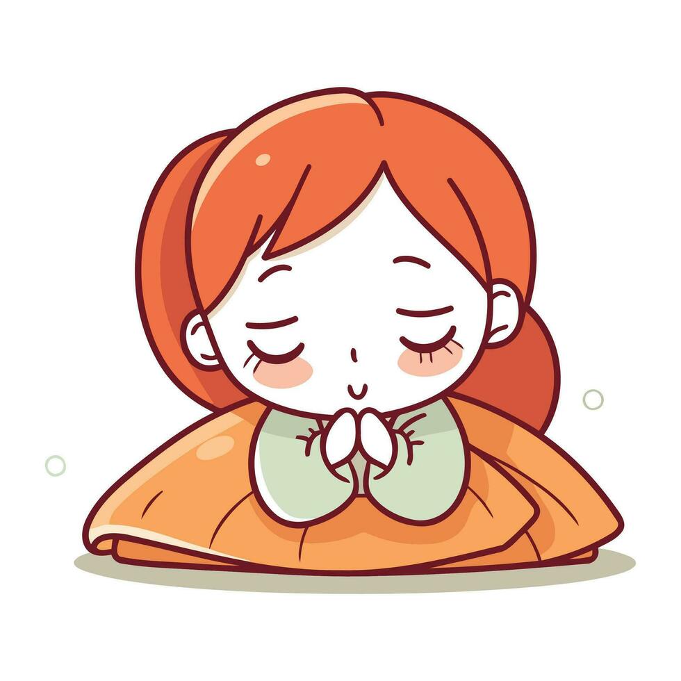 illustrazione di un' carino rosso dai capelli ragazza addormentato su un' cuscino vettore