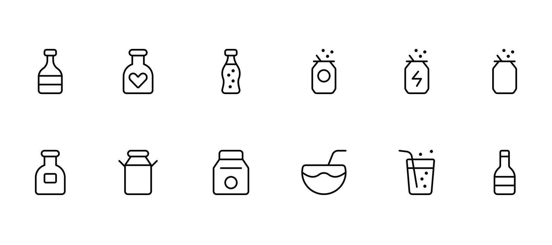 bevanda icone, Noce di cocco acqua, latte, e morbido bevande può icona vettore impostato design con modificabile ictus. linea, solido, piatto linea, magro stile e adatto per ragnatela pagina, mobile app, ui, UX design.
