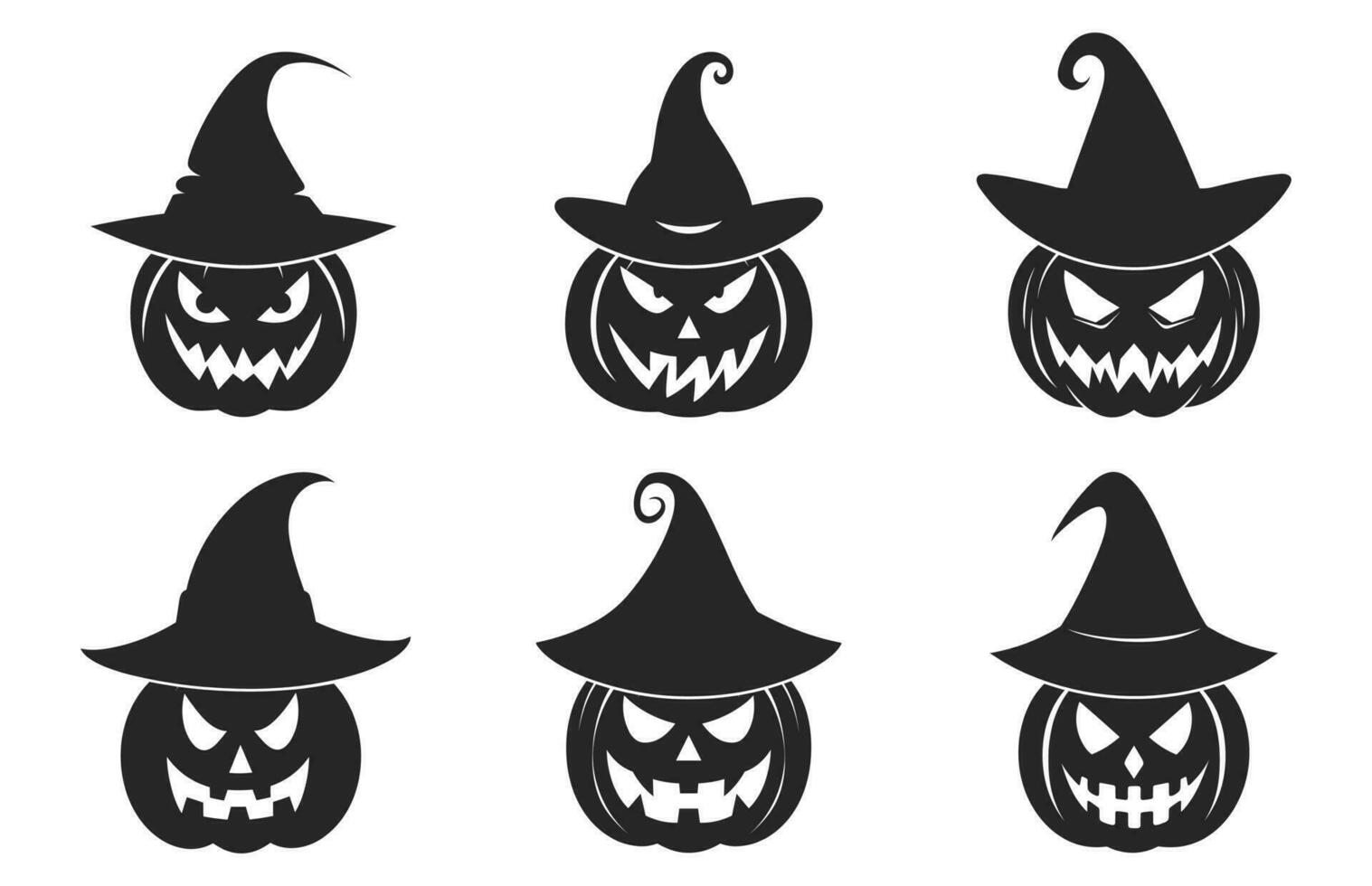 pauroso zucche con strega cappello clipart, Halloween zucca nel strega cappello silhouette impostato vettore