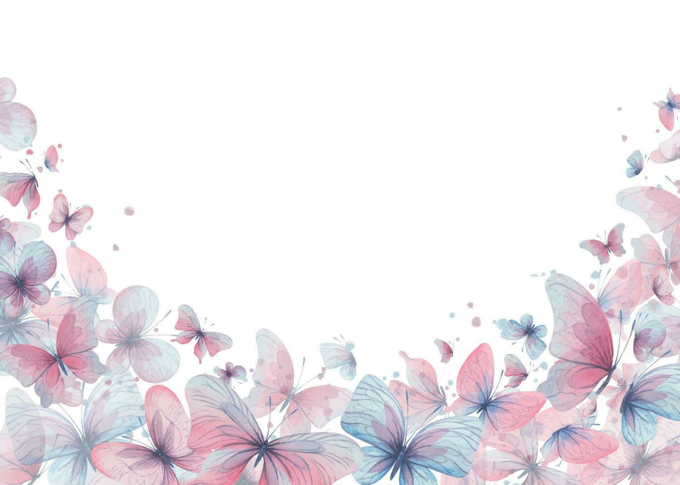 farfalle siamo rosa, blu, lilla, volare, delicato con Ali e spruzzi di dipingere. mano disegnato acquerello illustrazione. telaio, striscione, modello su un' bianca sfondo, per design vettore
