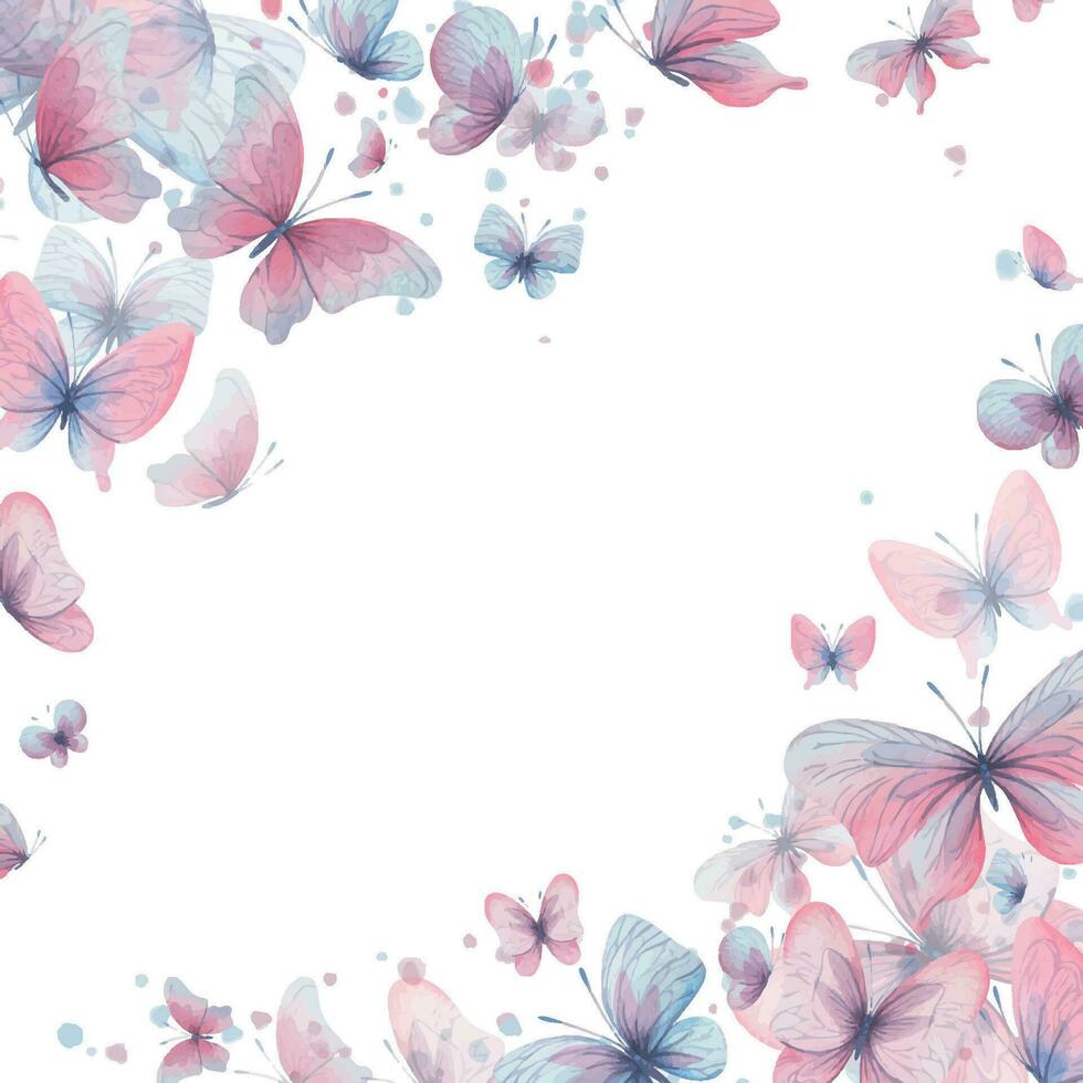 farfalle siamo rosa, blu, lilla, volare, delicato con Ali e spruzzi di dipingere. mano disegnato acquerello illustrazione. piazza telaio, modello su un' bianca sfondo, per design vettore