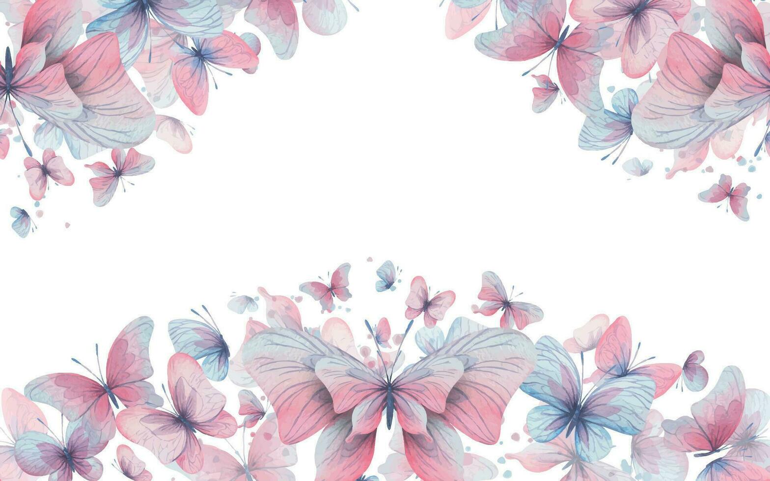 farfalle siamo rosa, blu, lilla, volare, delicato con Ali e spruzzi di dipingere. mano disegnato acquerello illustrazione. telaio, striscione, modello su un' bianca sfondo, per design. vettore