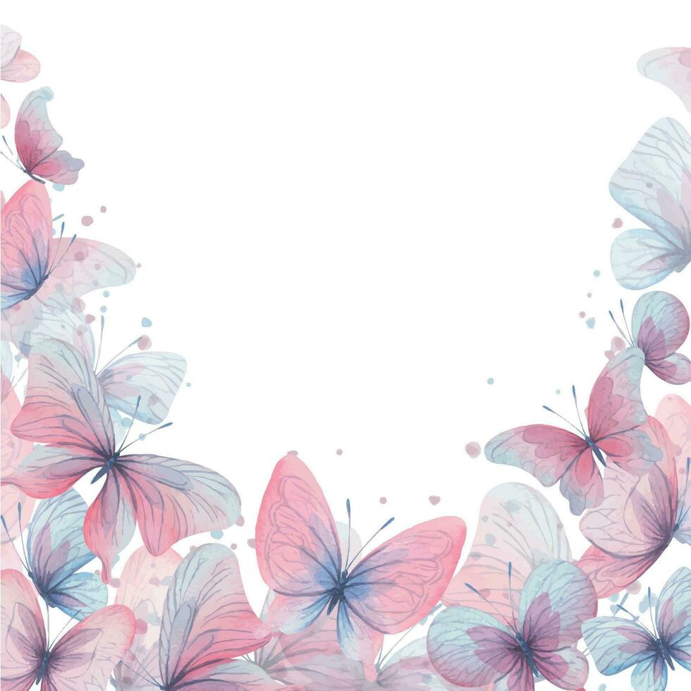 farfalle siamo rosa, blu, lilla, volare, delicato con Ali e spruzzi di dipingere. mano disegnato acquerello illustrazione. piazza telaio, modello su un' bianca sfondo, per design. vettore