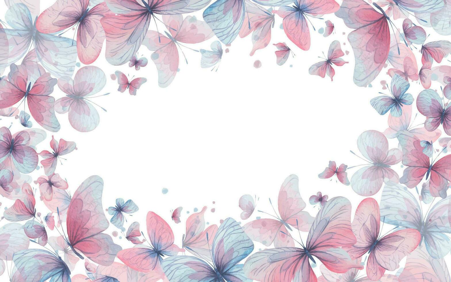 farfalle siamo rosa, blu, lilla, volare, delicato con Ali e spruzzi di dipingere. mano disegnato acquerello illustrazione. telaio, striscione, modello su un' bianca sfondo, per design. vettore