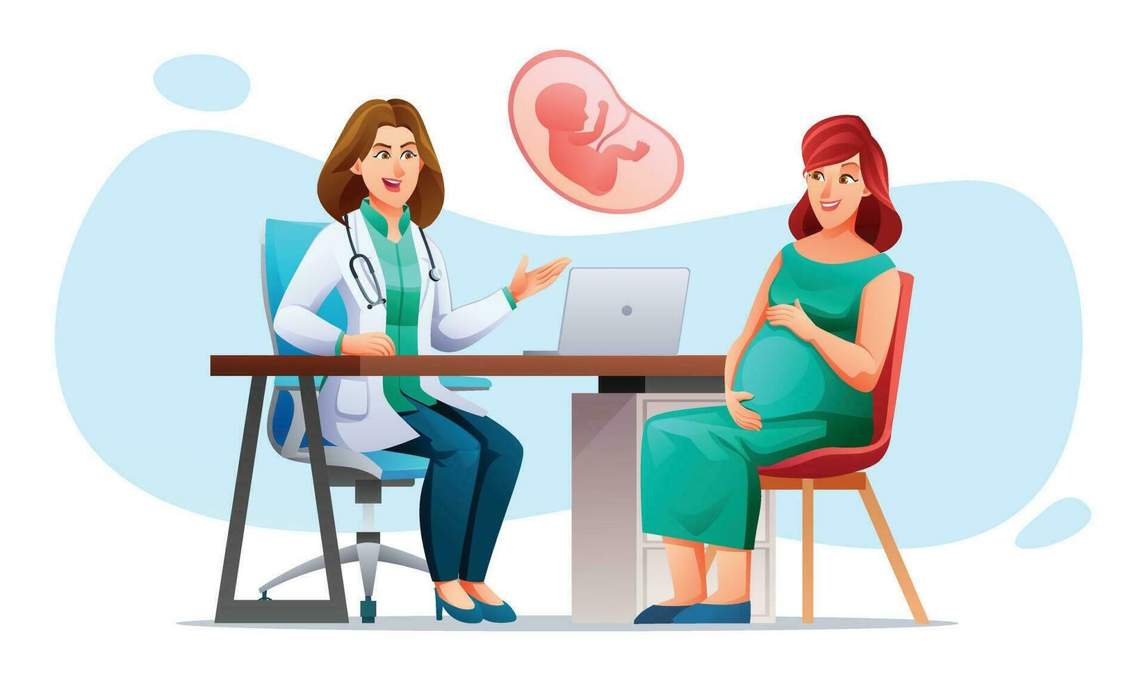 medico spiega di gravidanza per incinta donna. consultazione e dai un'occhiata su gravidanza concetto. vettore cartone animato personaggio illustrazione