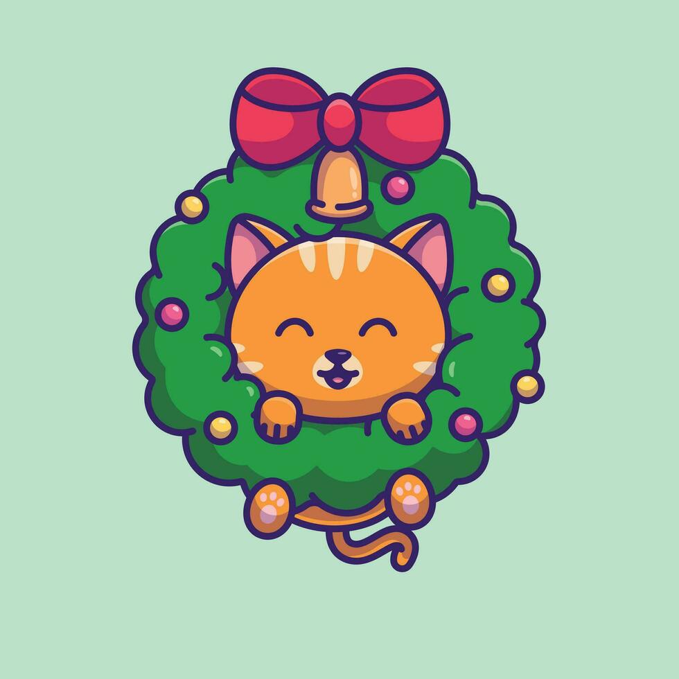 carino gatto fiore ghirlanda semplice cartone animato vettore illustrazione Natale concetto icona isolato