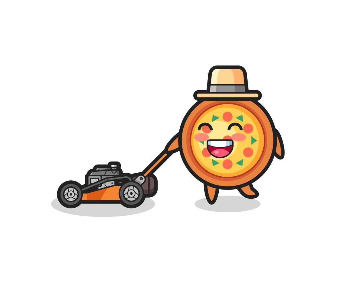 illustrazione del personaggio della pizza con il tosaerba vettore