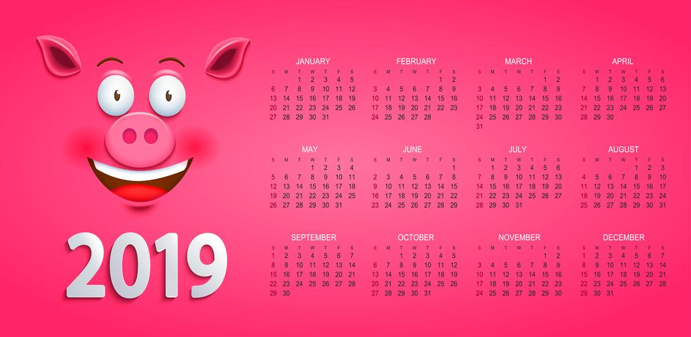 Calendario carino per 2019 anni con la faccia di maiale. vettore