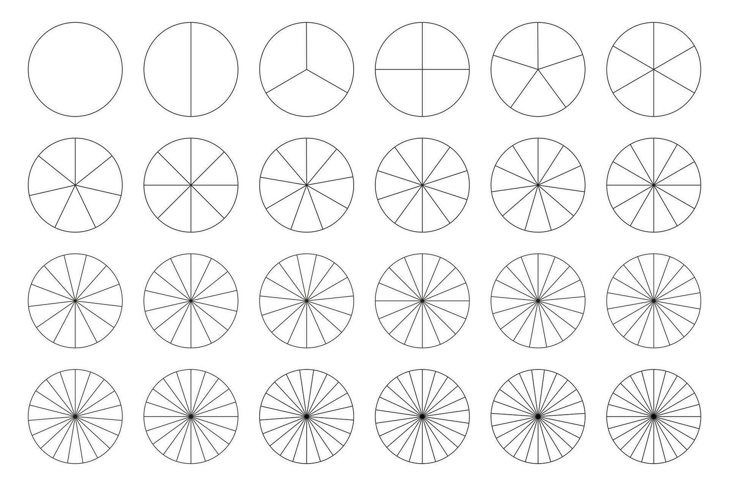 segmentato grafici collezione. torta grafico modello. molti numero di settori dividere il cerchio su pari parti. schema nero magro grafica. impostato di Pizza grafici. segmenti infografica. diagramma ruota parti. vettore