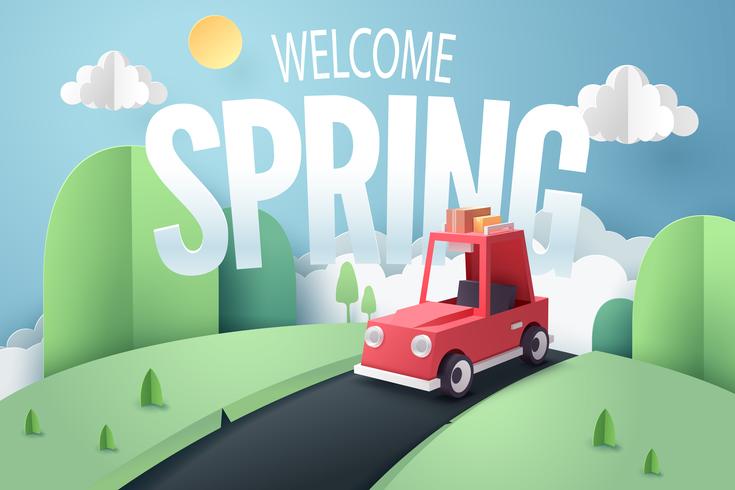 Arte di carta della foresta di auto rossa e montagna con testo di primavera benvenuto vettore