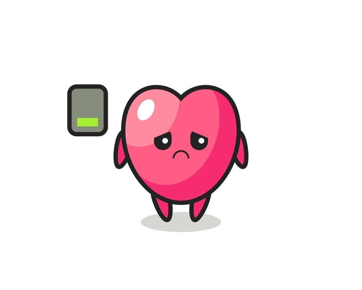 personaggio mascotte simbolo del cuore che fa un gesto stanco vettore