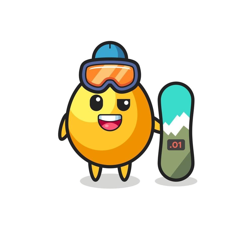 illustrazione del personaggio uovo d'oro con stile snowboard vettore