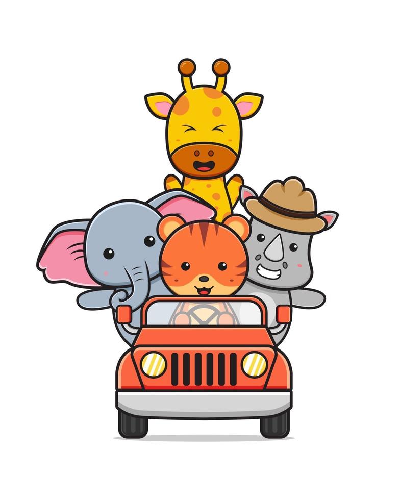 simpatica auto alla guida di animali per la celebrazione dell'illustrazione della giornata mondiale degli animali vettore