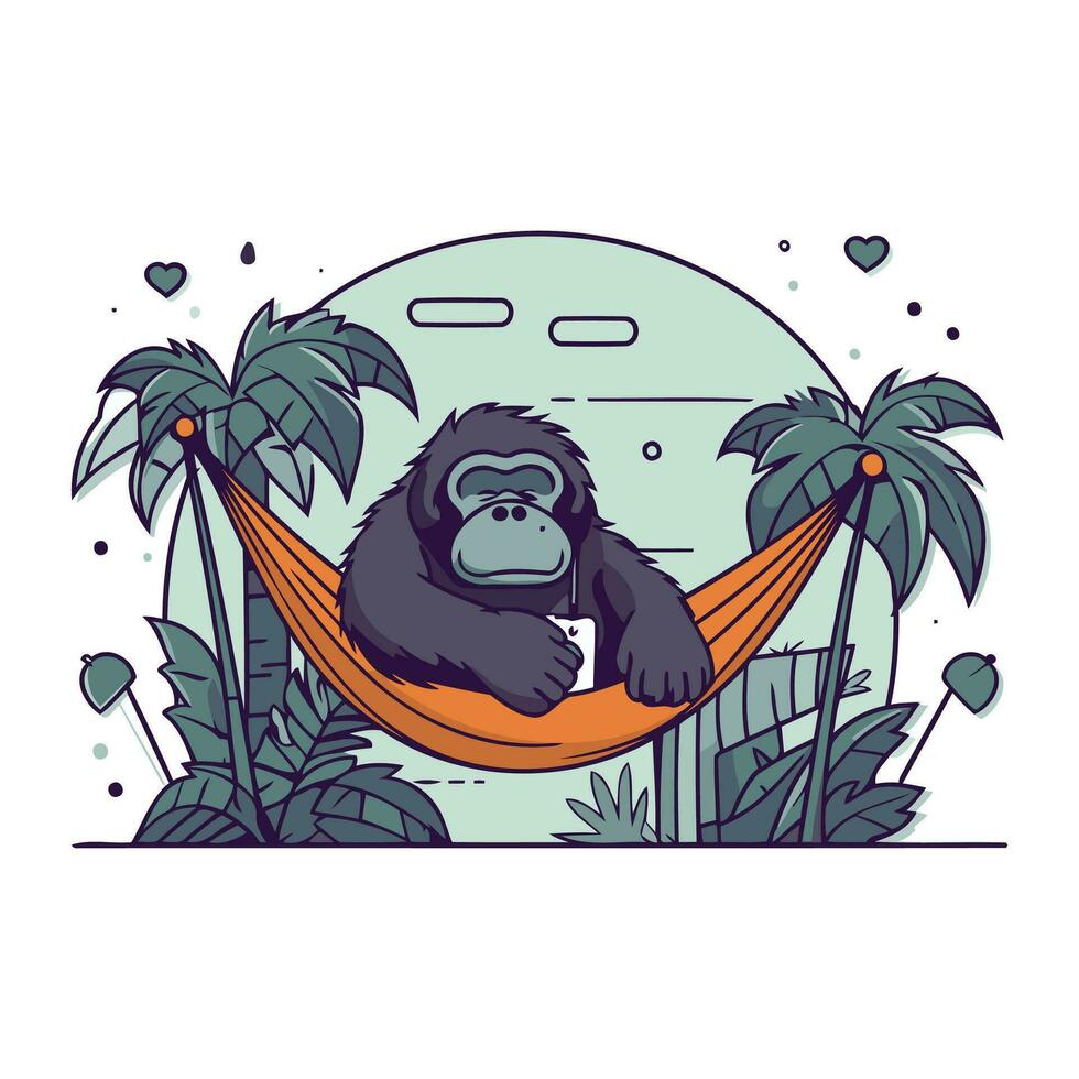 gorilla nel un' amaca su il sfondo di palma alberi. vettore illustrazione.