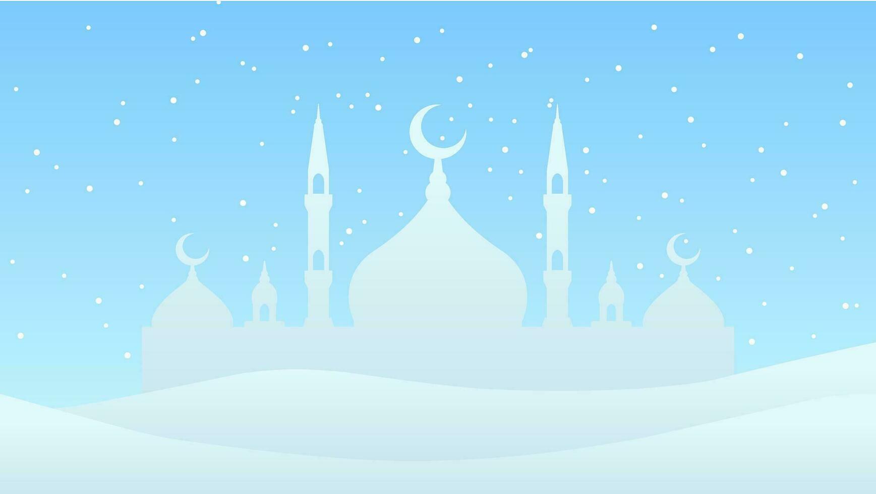 inverno moschea silhouette paesaggio vettore illustrazione. paesaggio Ramadan design grafico nel musulmano cultura e Islam religione. sfondo di moschea nel freddo stagione per islamico sfondo