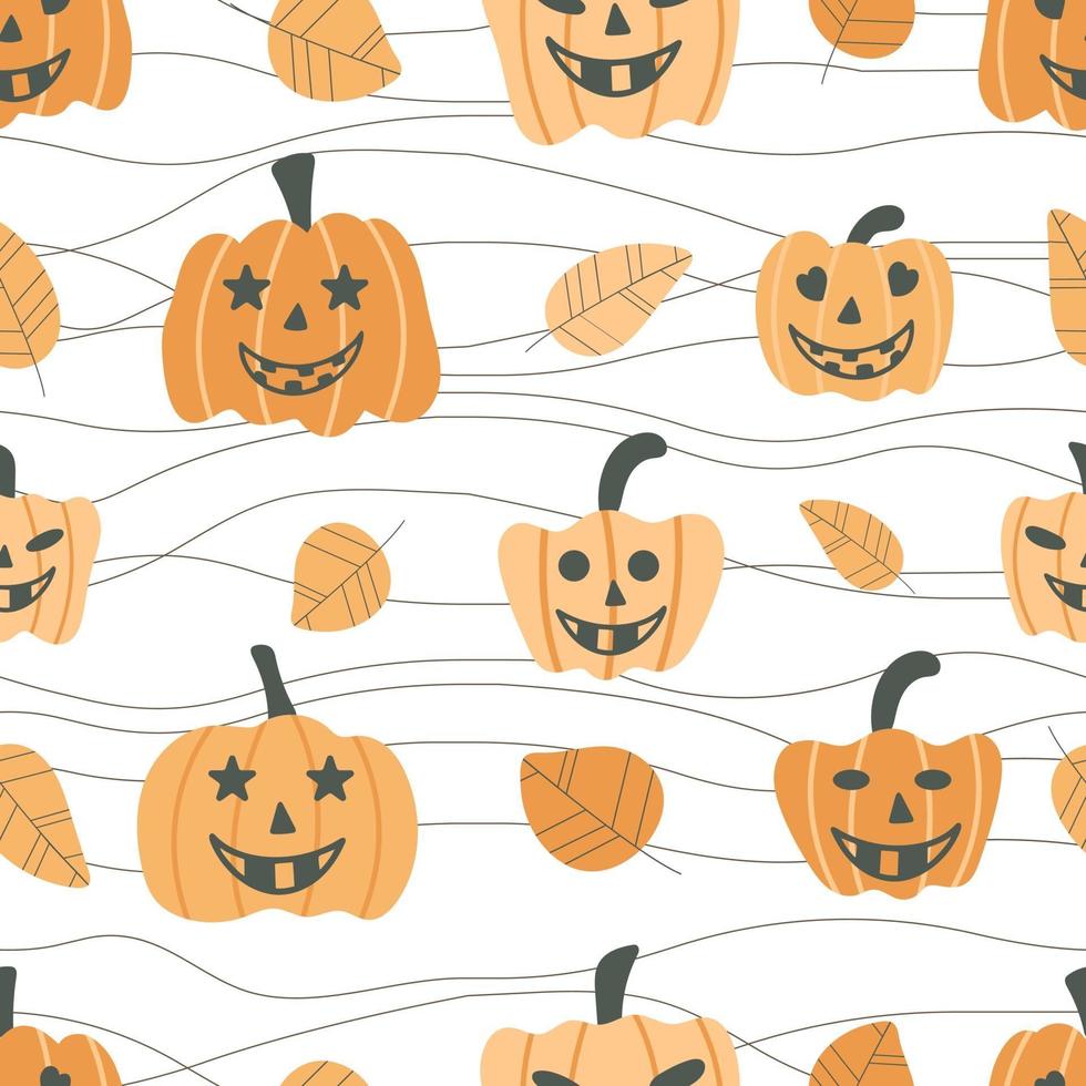 motivo di halloween con teste e foglie di zucca vettore