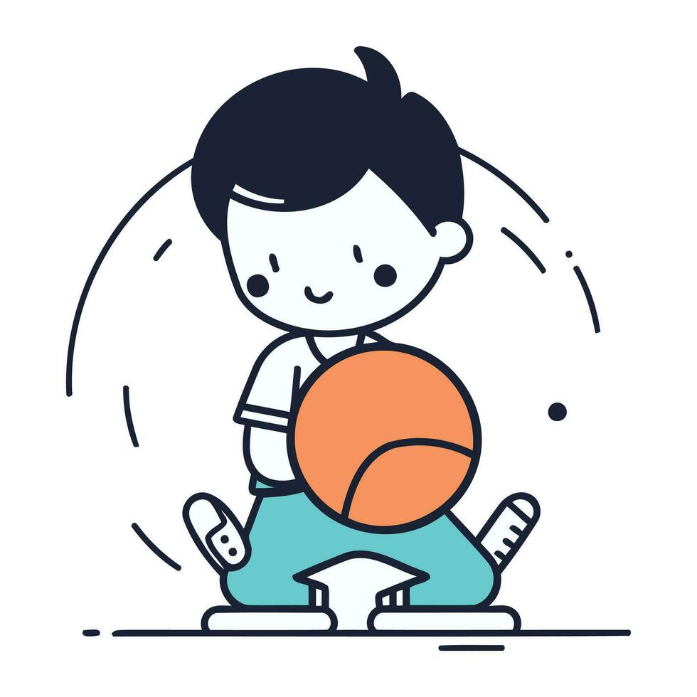 carino ragazzo giocando pallacanestro. linea arte stile. vettore illustrazione.