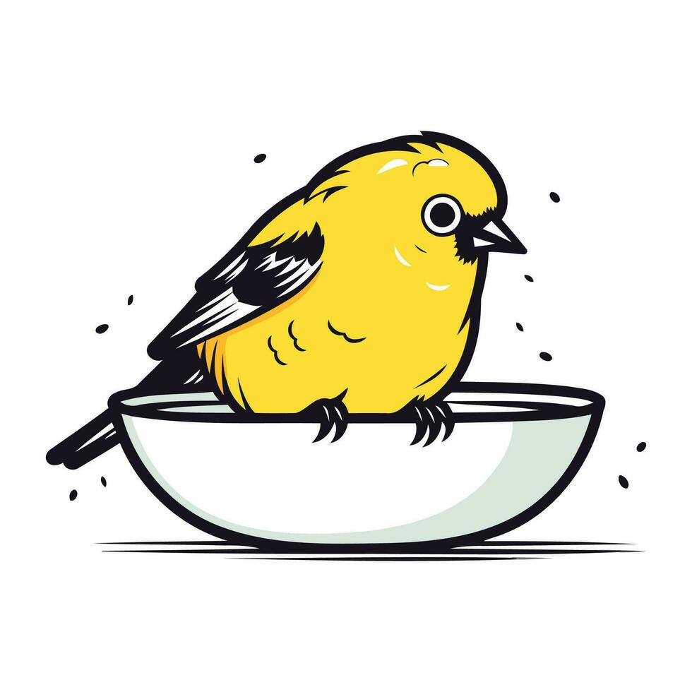 carino poco giallo uccello seduta nel un' ciotola. vettore illustrazione.