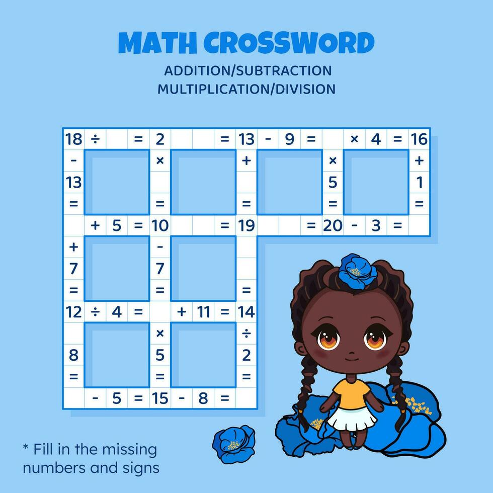 matematica cruciverba puzzle per bambini. aggiunta, sottrazione, moltiplicazione e divisione. conteggio su per 20. vettore illustrazione. gioco con cartone animato anime ragazza. compito, formazione scolastica Materiale per bambini.