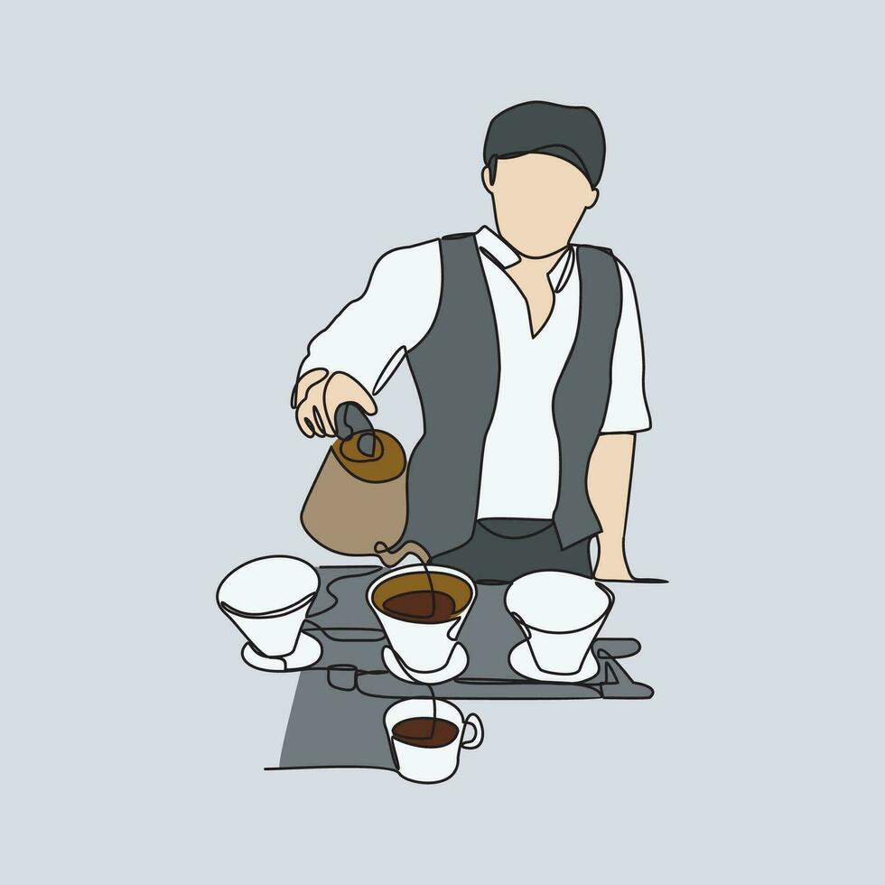 uno continuo linea disegno di persone attività nel caffè negozio. caffè negozio attività design nel semplice lineare stile illustrazione. vettore