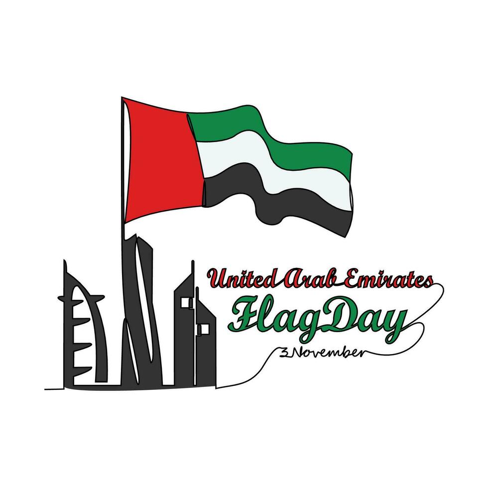 uno continuo linea disegno di Emirati Arabi Uniti bandiera giorni su novembre 3°. Emirati Arabi Uniti bandiera giorni design nel semplice lineare stile illustrazione. adatto per saluto carta, manifesto e striscione. patriottico design concetto. vettore