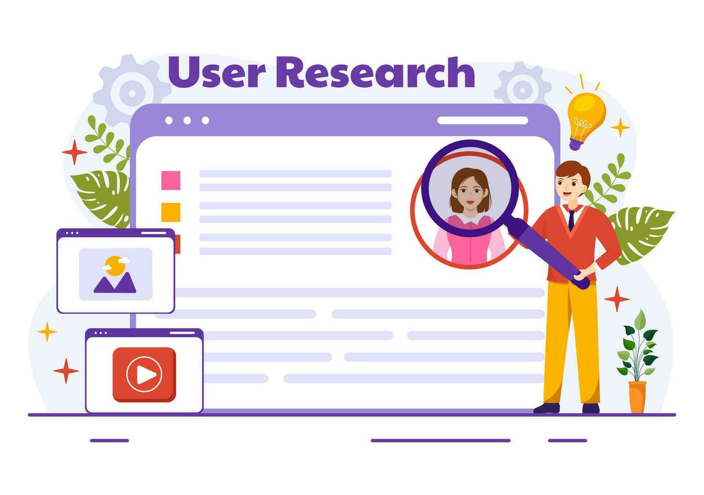utente ricerca vettore illustrazione di persone ricerca e esplorando nel reti per design progetto, in linea sondaggio e analitica nel piatto sfondo