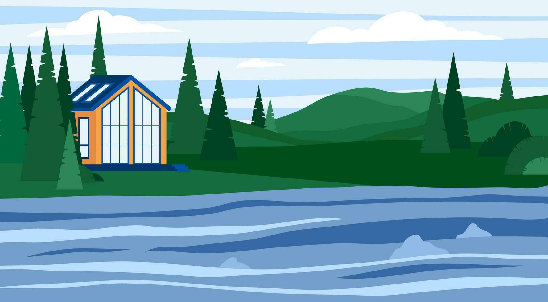 cartone animato colore moderno Casa su un' boschi paesaggio scena. vettore