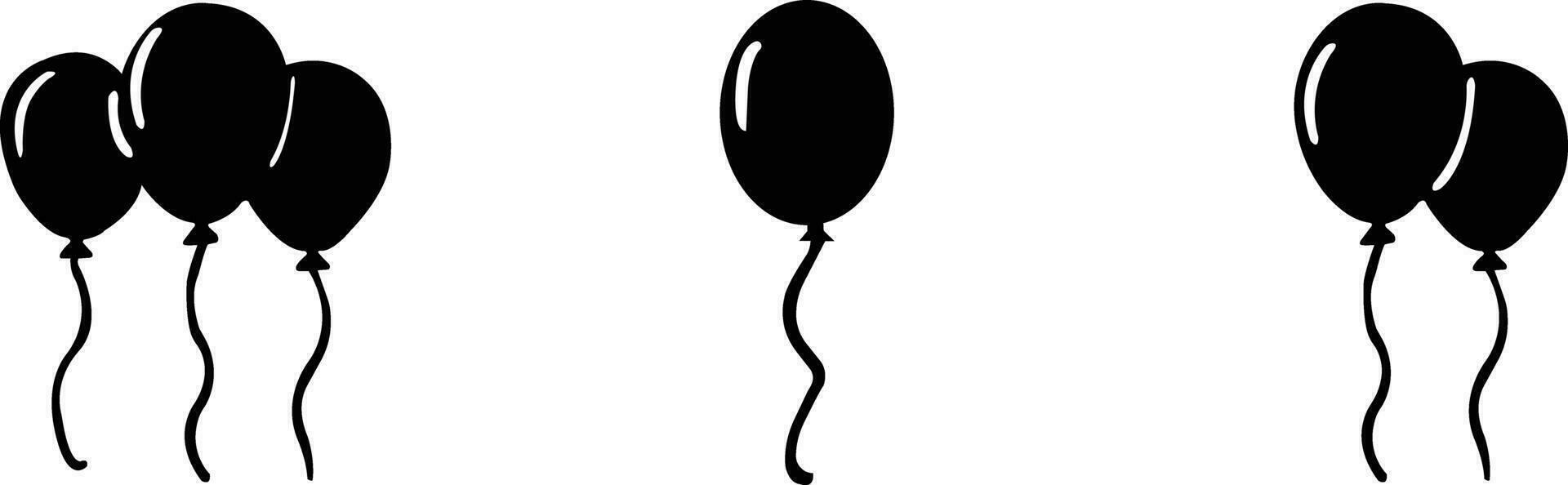 impostato di festivo nero palloncini con stella filante e coriandoli. disposizione per compleanno, Natale, anniversario, saldi. festa Palloncino con nastro e ombra . vettore