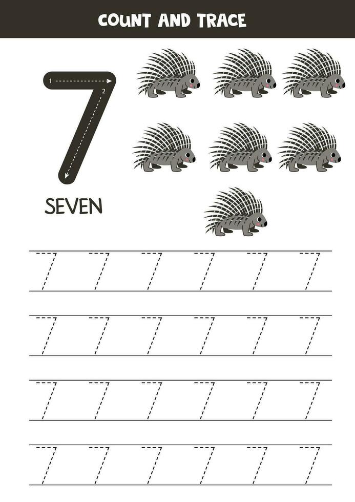 tracciare numeri. numero 7 Sette. carino cartone animato porcospini. vettore