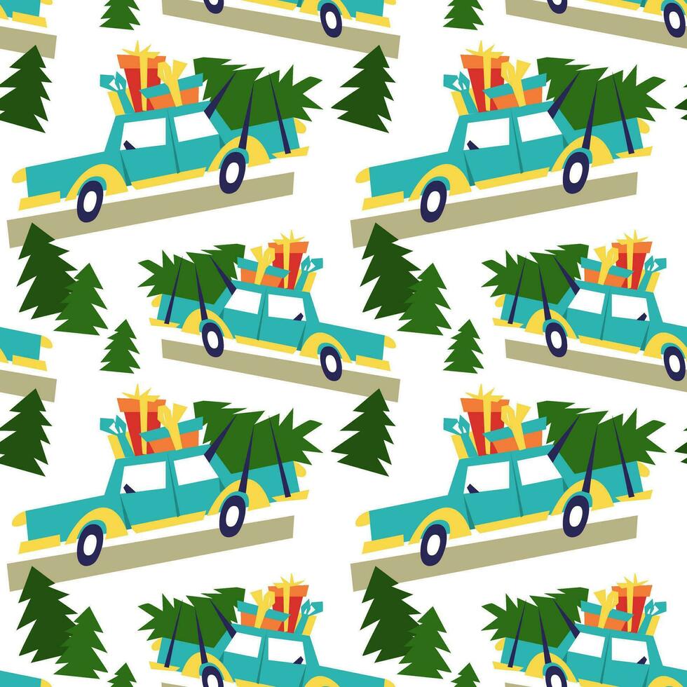 Natale modello con un' blu auto su il tetto con i regali e un' Natale albero. geometrico macchina da scrivere su un' bianca. esso può essere Usato nel il tessile industria, carta produzione, sfondo, scrapbooking vettore