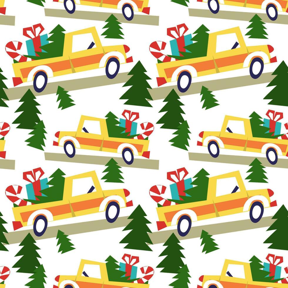 senza soluzione di continuità Natale modello con giallo camion, i regali e Natale albero. viaggio. geometrico macchina da scrivere su un' bianca. esso può essere Usato nel il tessile industria, carta produzione, sfondo, scrapbooking vettore