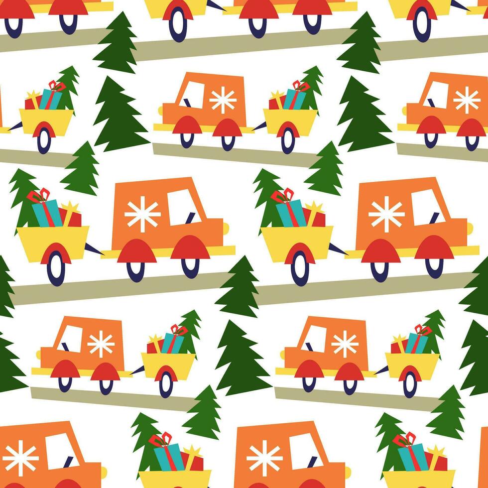 senza soluzione di continuità Natale modello con arancia camion trailer i regali. viaggio. geometrico macchina da scrivere su un' bianca sfondo. esso può essere Usato nel il tessile industria, carta produzione, sfondo, scrapbooking vettore