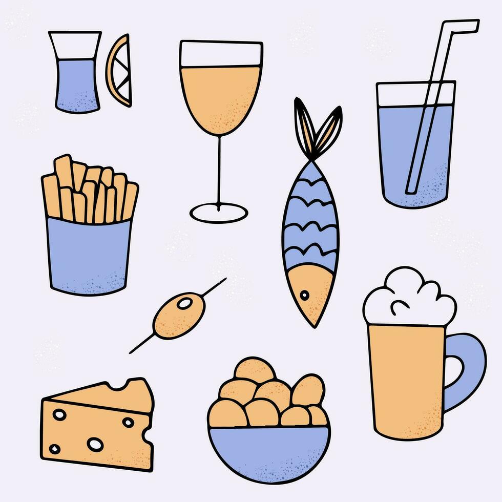 sbarra, pub clip arte. impostato di elementi o menù modello. alcool bicchiere di birra, vino, Tequila e spuntini, veloce cibo, pesce, patatine fritte, fritte Patata, formaggio, olive, lime .vettore vettore