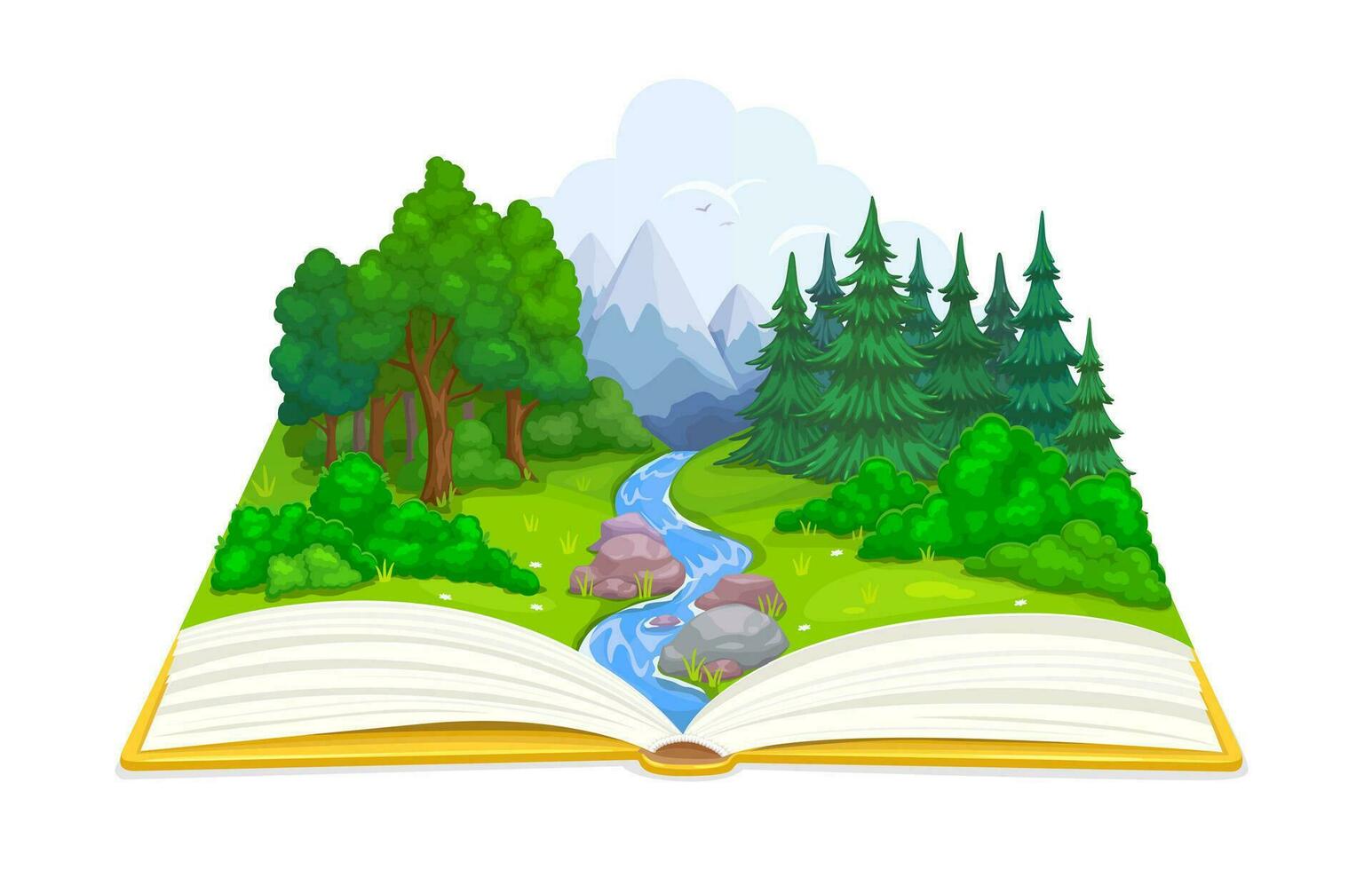 ha aperto libro con foresta, fiume, prato, montagne vettore