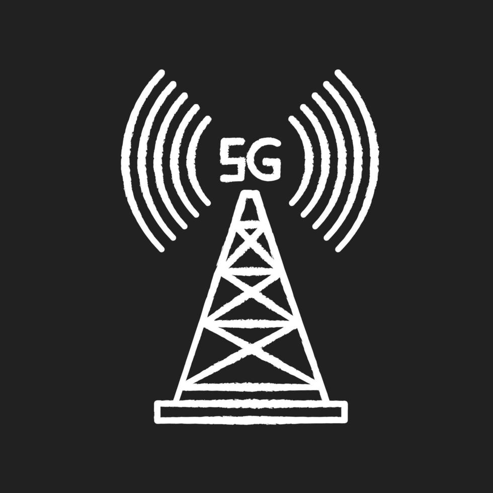 Icona bianca gesso torre cellulare 5g su sfondo nero vettore