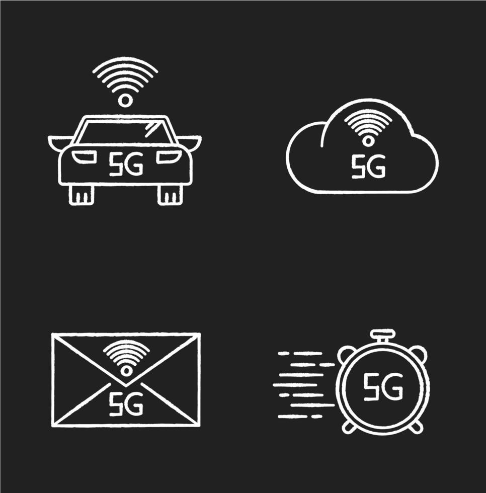 Tecnologia wireless 5g icone bianche gesso impostate su sfondo nero vettore