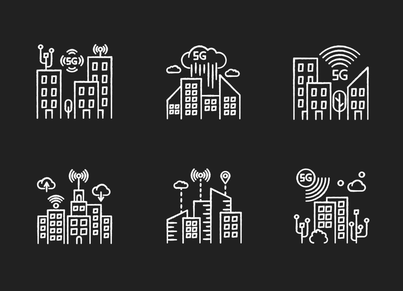 5g smart city gesso icone bianche impostate su sfondo nero vettore