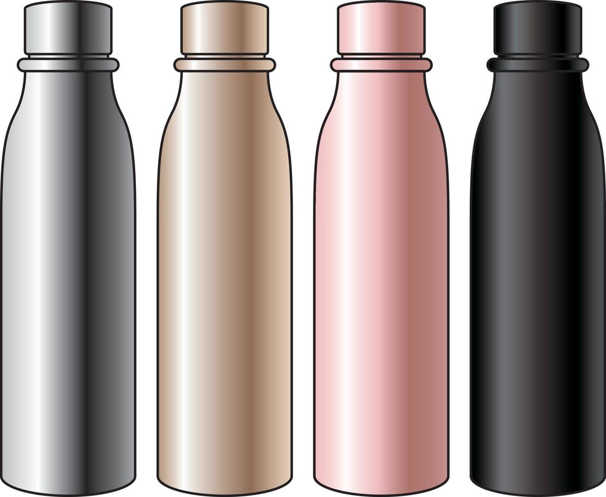 illustrazione di bottiglia d'acqua in metallo. argento champagne oro nero oro rosa vettore