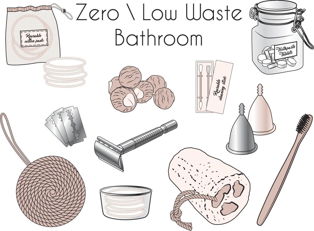 illustrazioni di strumenti per il bagno a rifiuti zero riutilizzabili naturali ecologici vettore