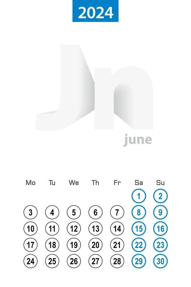 calendario per giugno 2024, blu cerchio design. inglese linguaggio, settimana inizia su lunedì. vettore