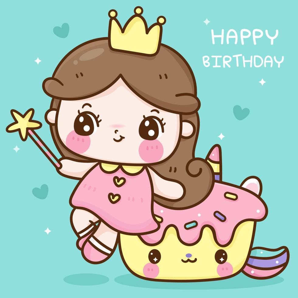 simpatico cartone animato cupcake unicorno e piccola principessa vettore