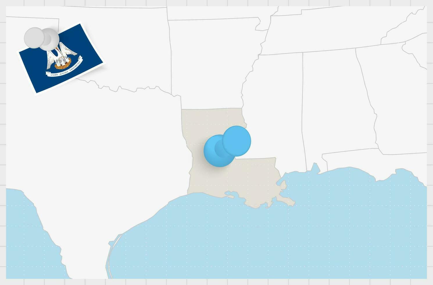 carta geografica di Louisiana con un' appuntato blu spillo. appuntato bandiera di Louisiana. vettore