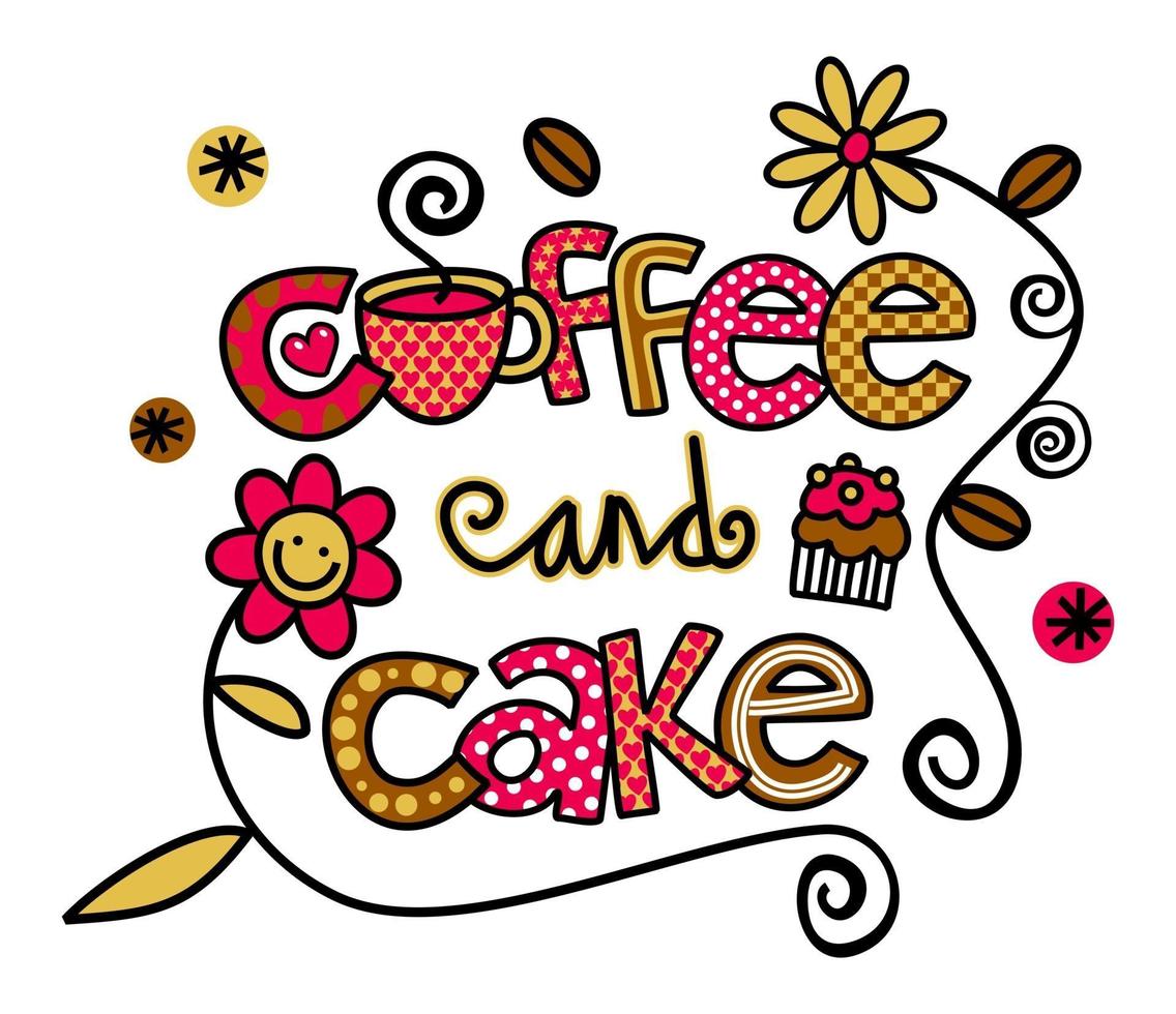 caffè e torta disegnati a mano doodle testo titolo lettering vettore